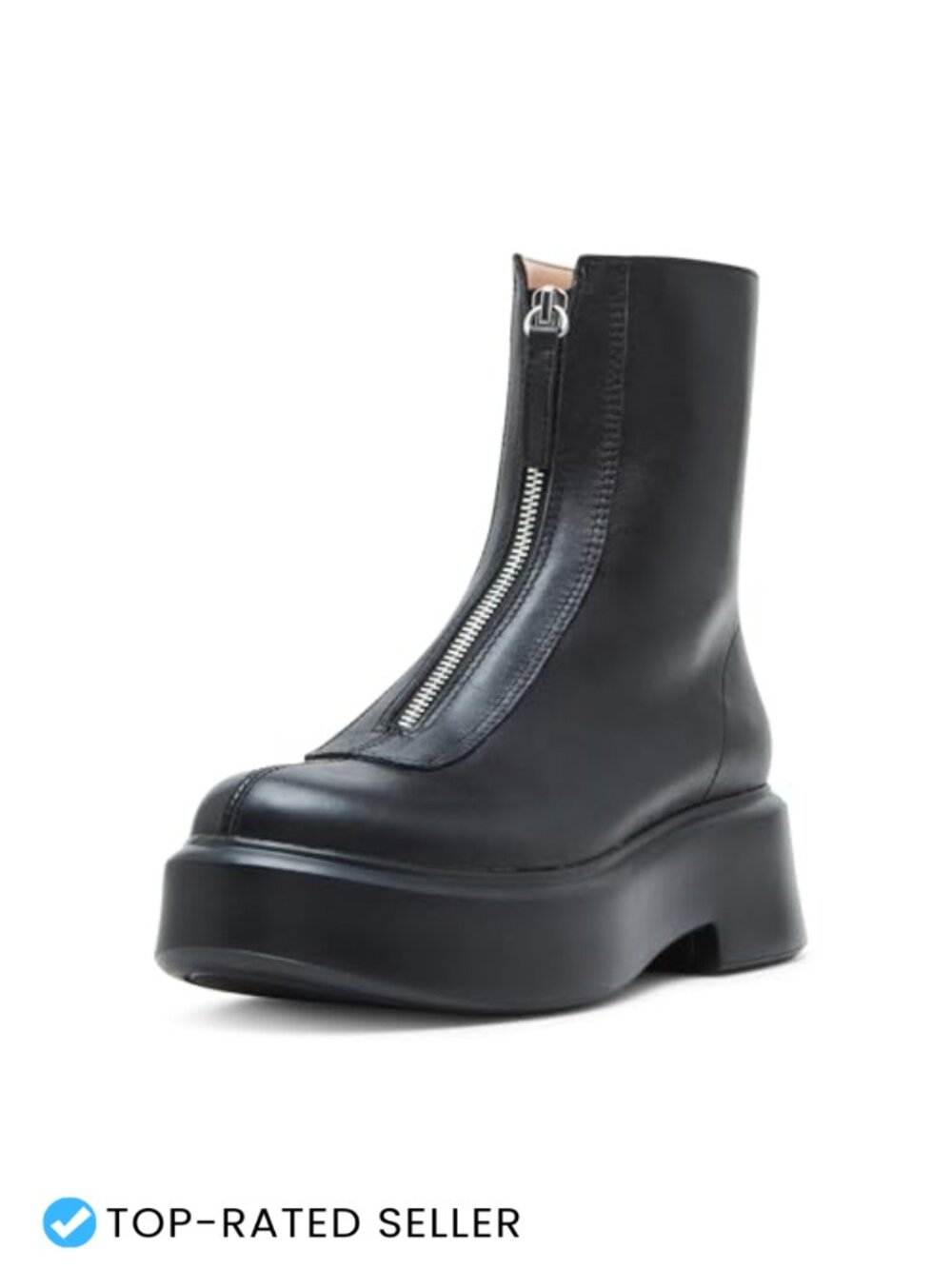 Leather Ankle Bootie with Block Heel and Front Zipper